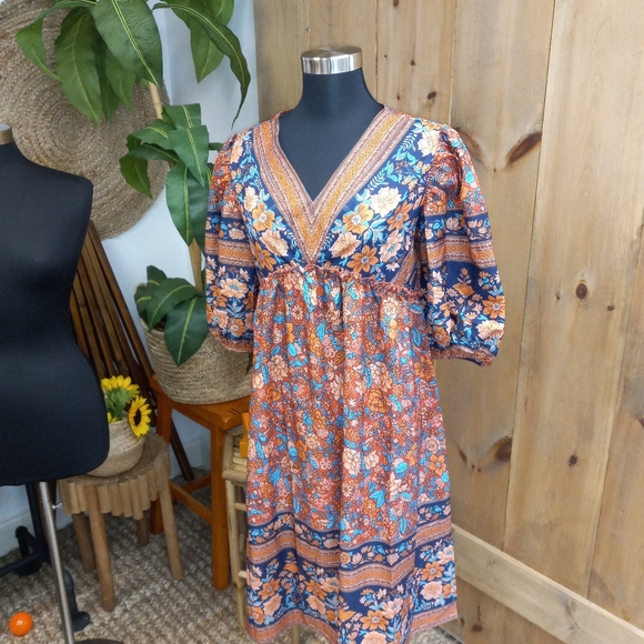 Floral Midi Dress in Blue and Orange - Picture 2 of 4